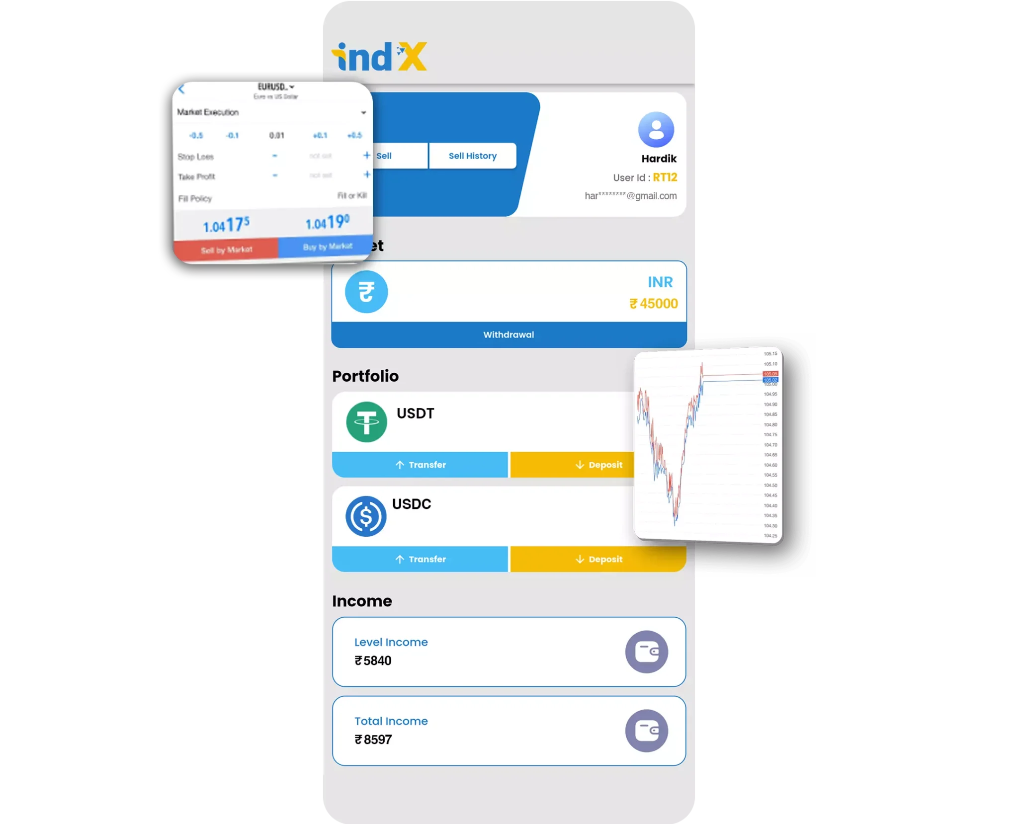 IndX App Screenshots - Portfolio, Trading, Income